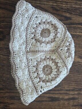 Haute Hippie Crochet Granny Square Hat in Cream and Tan